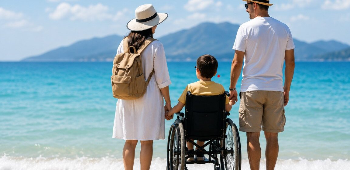 Family with a wheelchair user enjoying an accessible beach vacation together